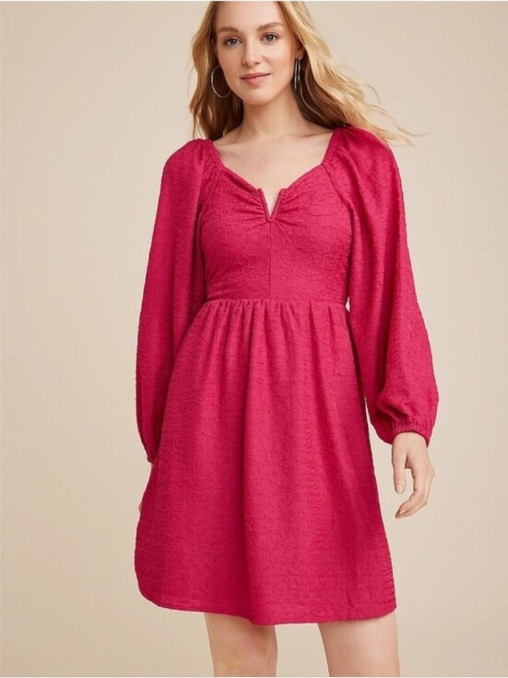 Maurices Pink Notch Neck Babydoll Long Sleeve Dress Women's Size Medium NWT